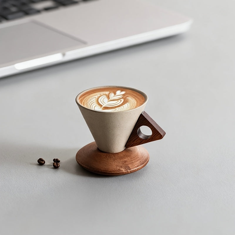 Thick Ceramic Pour-Over Cup with Wooden Handle and Coaster
