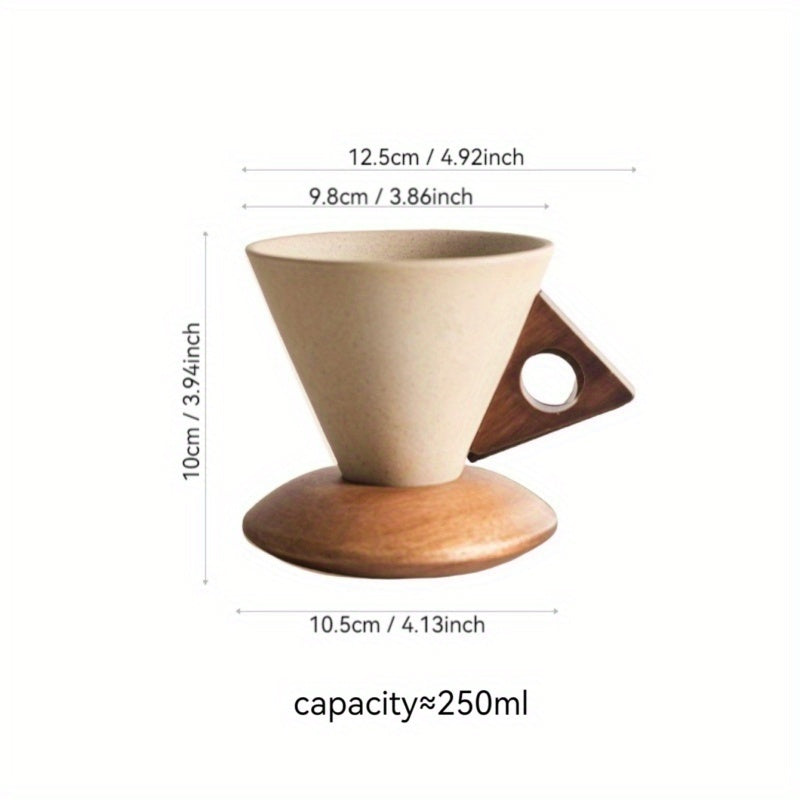 Thick Ceramic Pour-Over Cup with Wooden Handle and Coaster