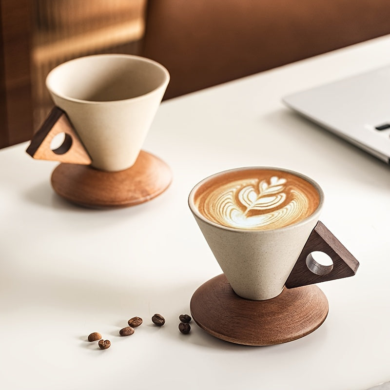 Thick Ceramic Pour-Over Cup with Wooden Handle and Coaster