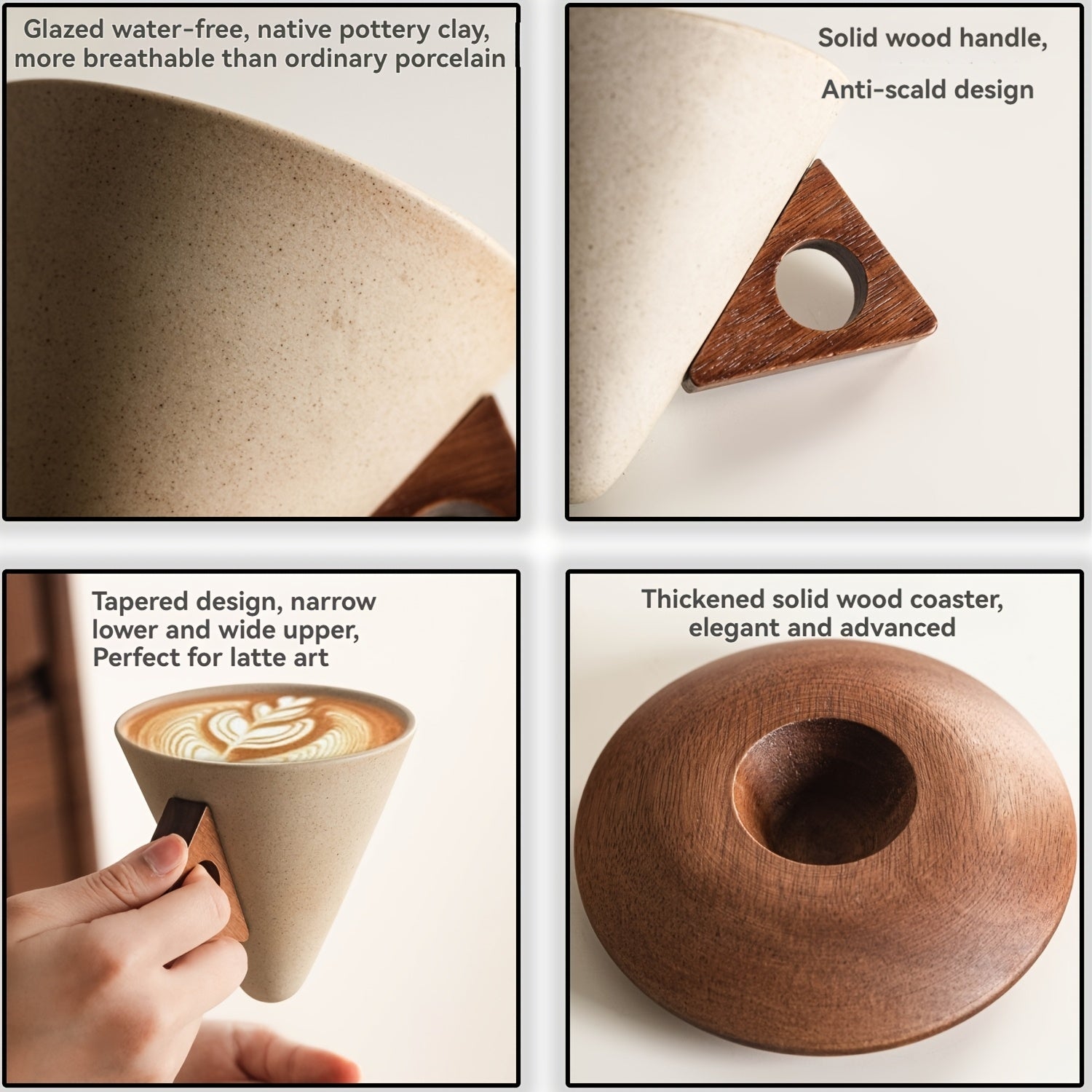 Thick Ceramic Pour-Over Cup with Wooden Handle and Coaster