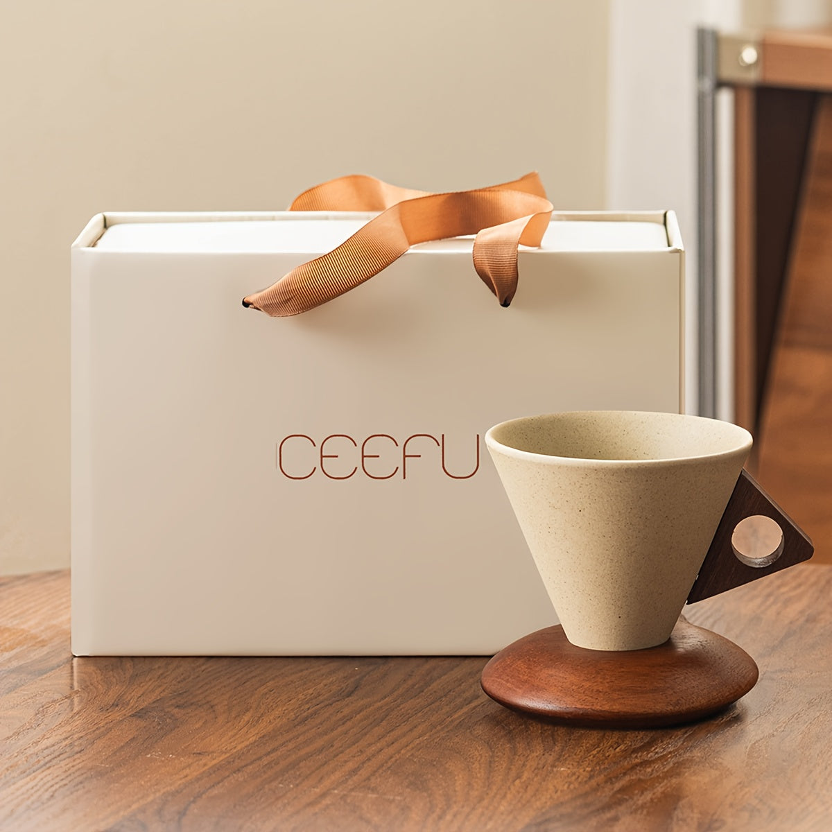 Thick Ceramic Pour-Over Cup with Wooden Handle and Coaster