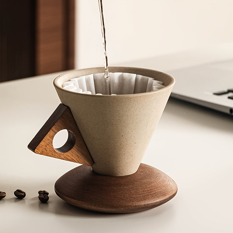 Thick Ceramic Pour-Over Cup with Wooden Handle and Coaster