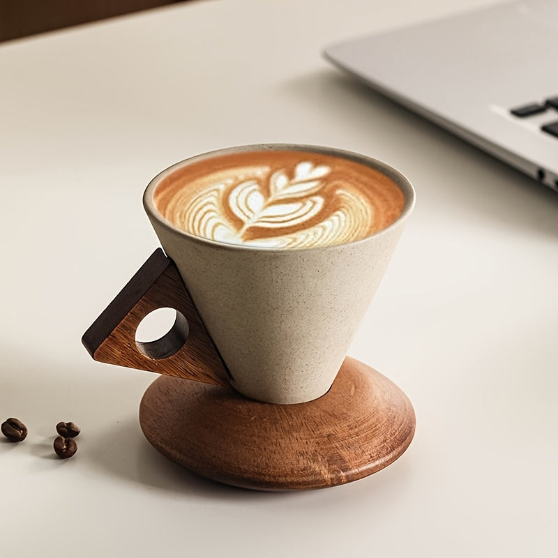 Thick Ceramic Pour-Over Cup with Wooden Handle and Coaster